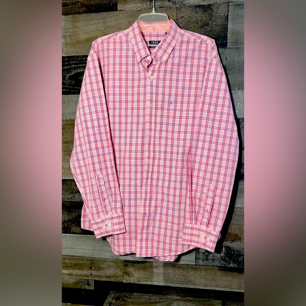 IZOD Premium‎ Essentials Plaid Button Down Shirt Pink Blue Large